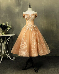 Tea Length Prom Dresses Tulle Lace Embroidery Ball Gown Off Shoulder