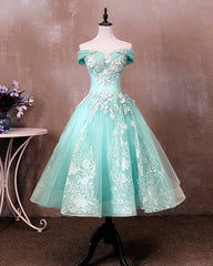 Tea Length Prom Dresses Tulle Lace Embroidery Ball Gown Off Shoulder