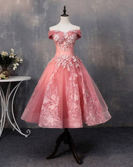 Tea Length Prom Dresses Tulle Lace Embroidery Ball Gown Off Shoulder