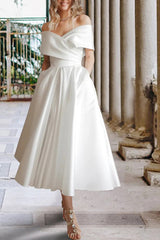 Tea Length Off The Shoulder A-Line Satin Wedding Dress with Pockets TN387
