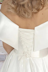 Tea Length Off The Shoulder A-Line Satin Wedding Dress with Pockets TN387