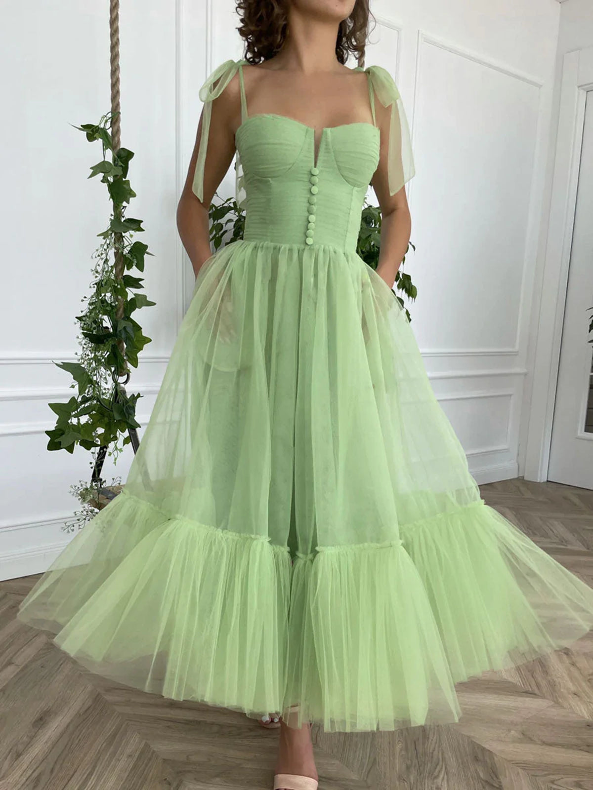 Tea Length Sage Tulle Prom Dresses, Tea Length Sage Tulle Formal Homecoming Dresses