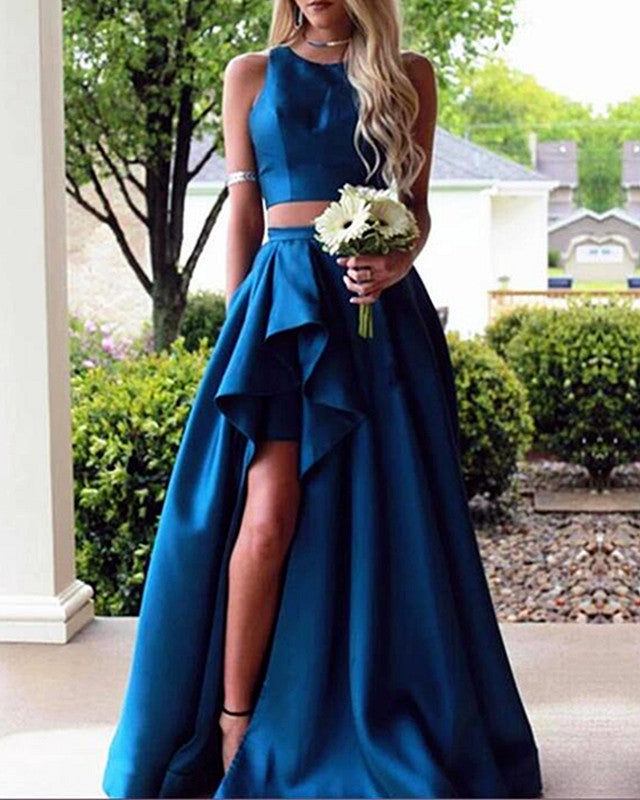 Two Piece Prom Dresses Satin Ruffes Skirt