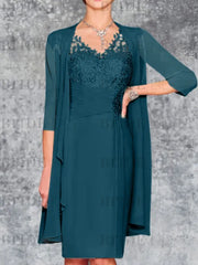 Two Piece Ruffle Chiffon Mother of the Bride Outfit Lace Short Wedding Guest Dress