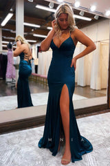 P1039 - Simple Spaghetti Straps V-Neck Satin Prom Party Formal Dress with Slit