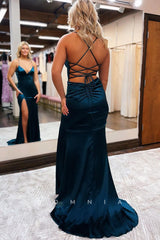 P1039 - Simple Spaghetti Straps V-Neck Satin Prom Party Formal Dress with Slit