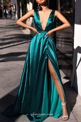 Teal Elastic Satin V-neck Sleeveless High Slit Party Dresses, CP0790