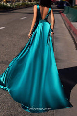 Teal Elastic Satin V-neck Sleeveless High Slit Party Dresses, CP0790