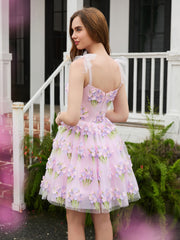 Tulle Bow Straps Short Dress with Flowers Blushing Pink