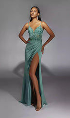 The charming beaded tight corset with back straps, pleats, and side slits is sure to amaze the audience with Prom Dresses
