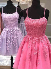 Thin Straps Short Purple Pink Lace Prom Dresses, Short Purple Pink Lace Graduation Homecoming Dresses