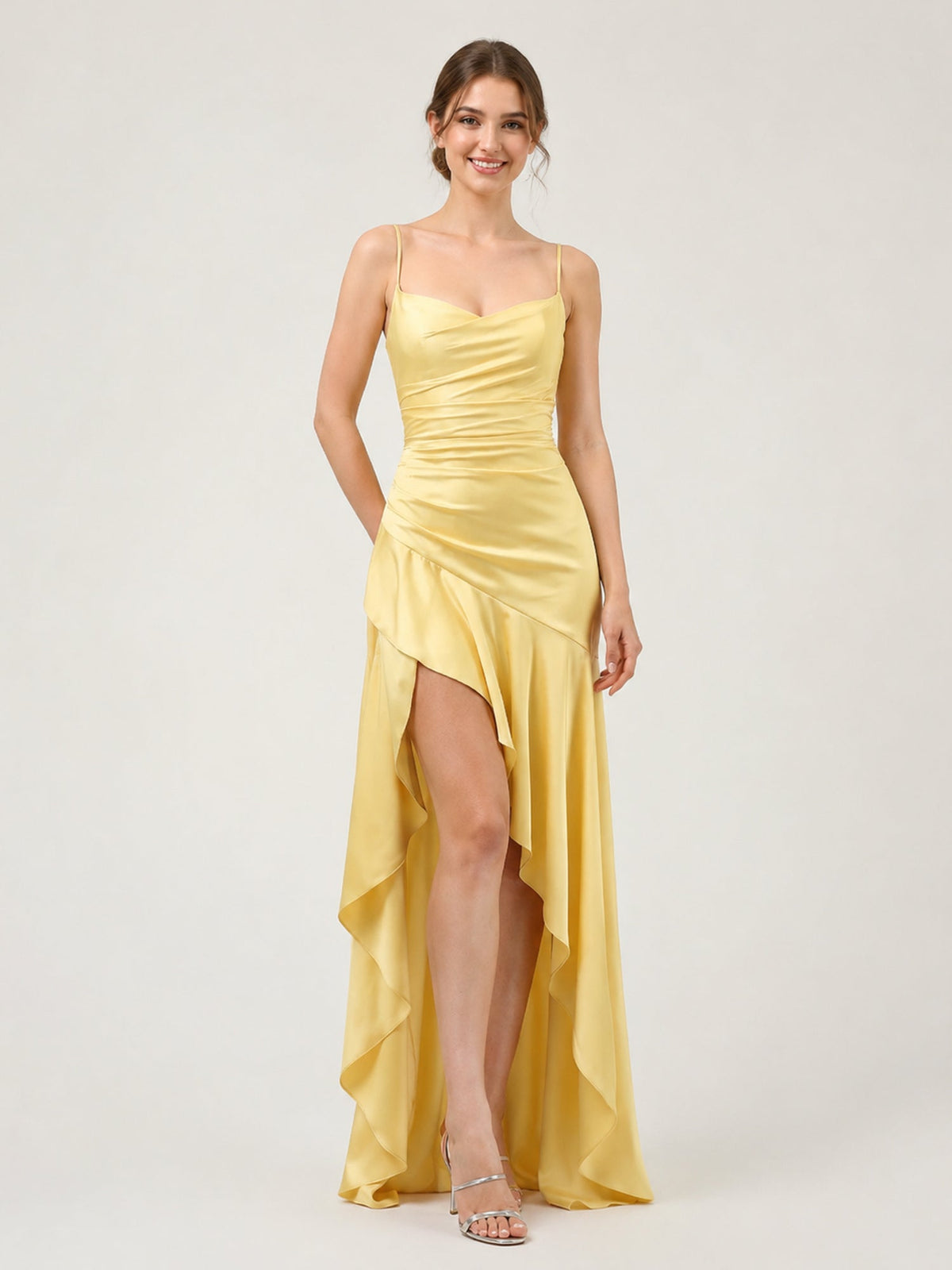 Satin Spaghetti Strap High-Low Gown with Ruched Bodice As Picture