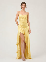 Satin Spaghetti Strap High-Low Gown with Ruched Bodice As Picture
