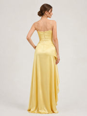 Satin Spaghetti Strap High-Low Gown with Ruched Bodice As Picture