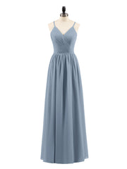 Open Back Chiffon Dress with V Neck-Dusty Blue