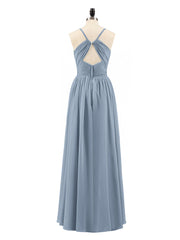 Open Back Chiffon Dress with V Neck-Dusty Blue