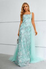 Tiffany Blue Lace Detachable Tulle Train Square Neck Sleeveless Prom Dresses, CP0915