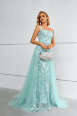 Tiffany Blue Lace Detachable Tulle Train Square Neck Sleeveless Prom Dresses, CP0915