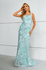 Tiffany Blue Lace Detachable Tulle Train Square Neck Sleeveless Prom Dresses, CP0915