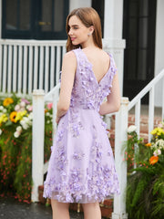 Floral Appliqued Short Dress with Beaded Lilac