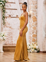 Sweetheart Neck Backless Fitted Velvet Long Gown Gold