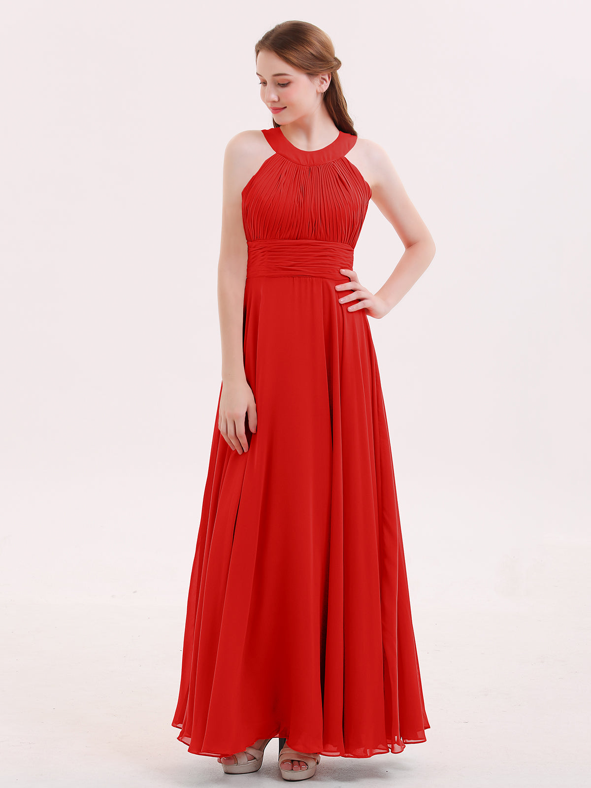 Halter Neck Open Back Chiffon Bridesmaid Dress-Red