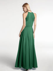 Halter Neck Chiffon Maxi Dress with Circle Skirt-Dark Green