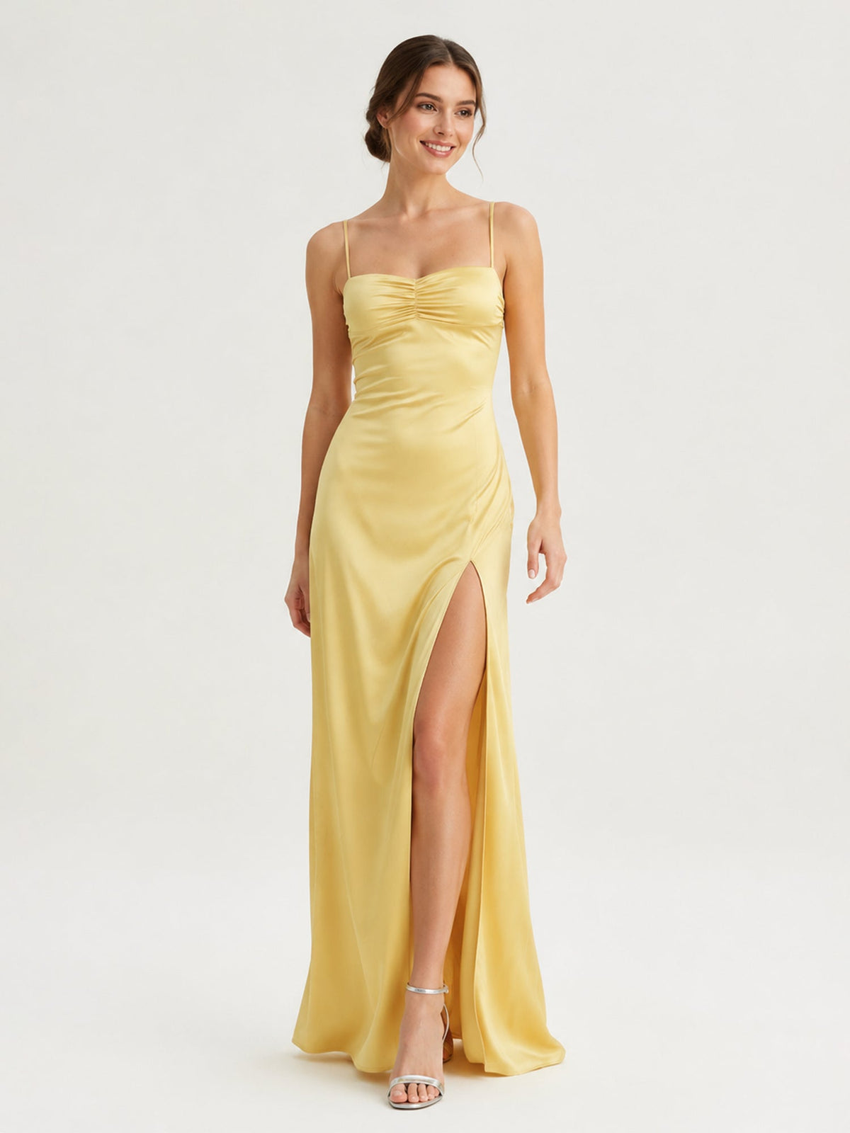 High-Slit Satin Long Dress with Thin Straps As Picture