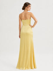 High-Slit Satin Long Dress with Thin Straps As Picture