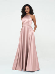 A-line Halter Max Satin Dresses with Pockets-Dusty Rose
