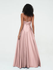 A-line Halter Max Satin Dresses with Pockets-Dusty Rose