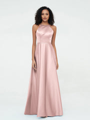 A-line Halter Max Satin Dresses with Pockets-Dusty Rose