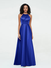A-line Halter Max Satin Dresses with Pockets-Royal Blue