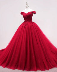 Tulle Ball Gown Lace Appliques Off The Shoulder Dresses