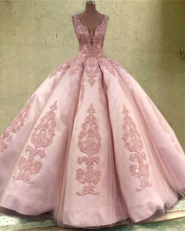 Tulle Ball Gown V Neck Quinceanera Dresses Lace Embroidery