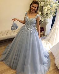 Tulle Sweetheart Ball Gown Princess Prom Dresses 3D Flowers Straps
