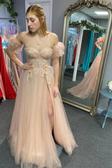 Tulle 3D Floral Lace Sweetheart A-Line Prom Dress with Slit TP1241