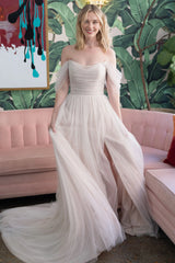 Weitese Formal Wear Dresses Sleeveless Off-the-Shoulder Tulle A-line Floor Length Wedding Dress With Slit