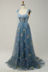 A Line Spaghetti Straps Corset Long Prom Dress With Embroidery Floor Length With Flowers
