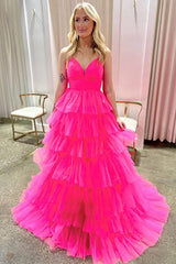 Tulle Spaghetti Straps A-Line Ruffled Long Prom Dress