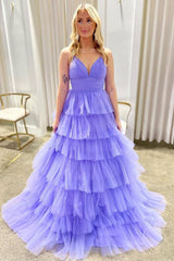 Tulle Spaghetti Straps A-Line Ruffled Long Prom Dress