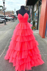 Tulle Spaghetti Straps A-Line Ruffled Long Prom Dress