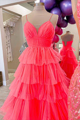 Tulle Spaghetti Straps A-Line Ruffled Long Prom Dress