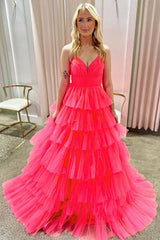Tulle Spaghetti Straps A-Line Ruffled Long Prom Dress