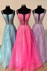 Tulle Spaghetti Straps Sheath Long Prom Dress with Lace Appliques