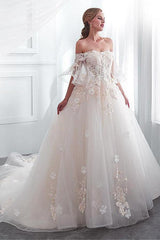 Tulle Off-the-shoulder Neckline A-line Wedding Dress With Lace Appliques WD300