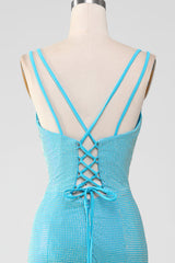 Sparkly Turquoise Mermaid Spaghetti Straps Long Prom Dress With Beading