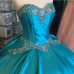 Turquoise Blue Satin Sweetheart Ball Gowns Quinceanera Dresses Crystal Beaded