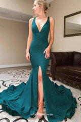 Turquoise Shiny Satin Mermaid Sleeveless Side Slit Prom Dresses, CP0701
