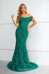 Turquose Embroidery Lace Off The Shoulder Mermaid Elegant Prom Dresses, CP0916